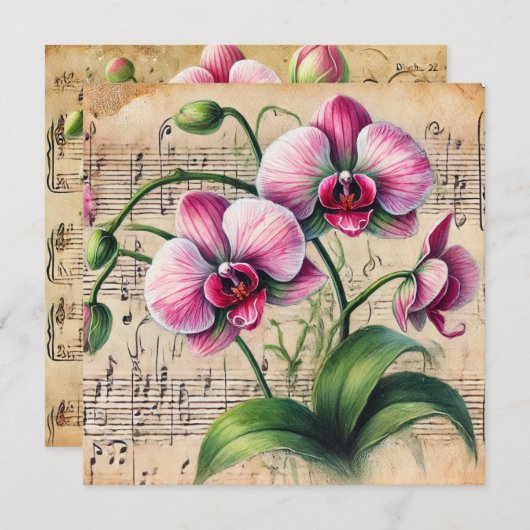 Invitation Imprimable Vintage rose et orchidées vertes (Devant / Derrière)