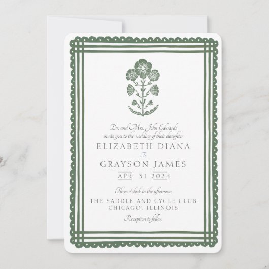 Invitation Imprimé Botanique Vert Herbeux pour Mariage (Devant)