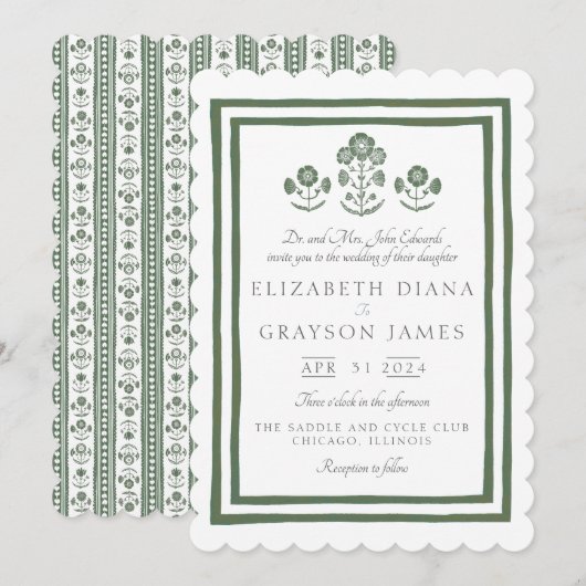 Invitation Imprimé Botanique Vert Herbeux pour Mariage (Devant / Derrière)