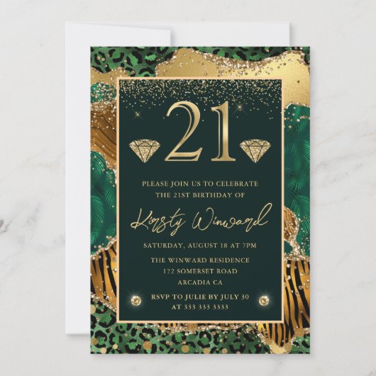 Invitation Imprimé d'animal de jungle verte Agate 21e anniver (Devant)