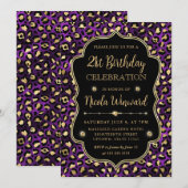 Invitation Imprimé élégant léopard doré et violet pour annive (Devant / Derrière)
