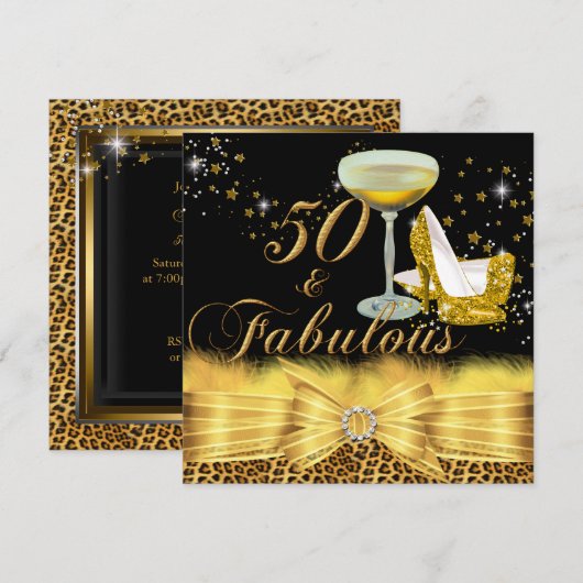 Invitation Imprimé léopard et talons dorés 50 ans et une fête (Devant / Derrière)