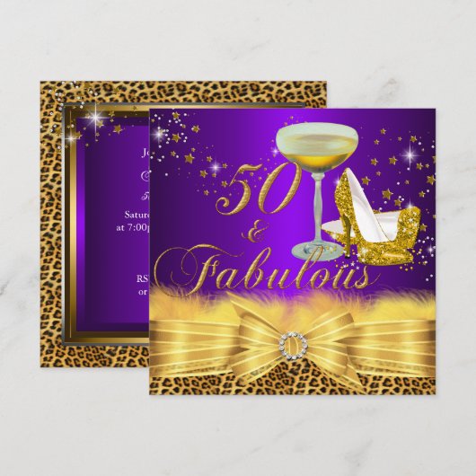 Invitation Imprimé léopard et talons hauts Violet 50 & Fabule (Devant / Derrière)