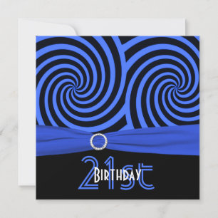 Invitation IMPRIMÉ RIBBON Bleu, Black Swirls 21e anniversaire
