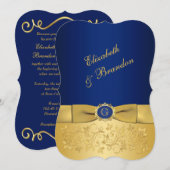Invitation IMPRIMÉ RIBBON Bleu, Gold Floral Wedding Invitatio (Devant / Derrière)