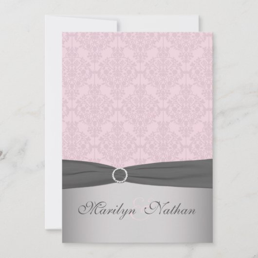 Invitation IMPRIMÉ RIBBON Gray, Pink Mariage damassé Invitati (Devant)
