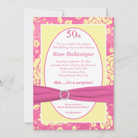 Invitation IMPRIMÉ RIBBON rose Jaune 50e anniversaire Invitat (Devant)