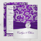 Invitation IMPRIMÉ RIBBON Royal Purple et Argent Damask (Devant / Derrière)