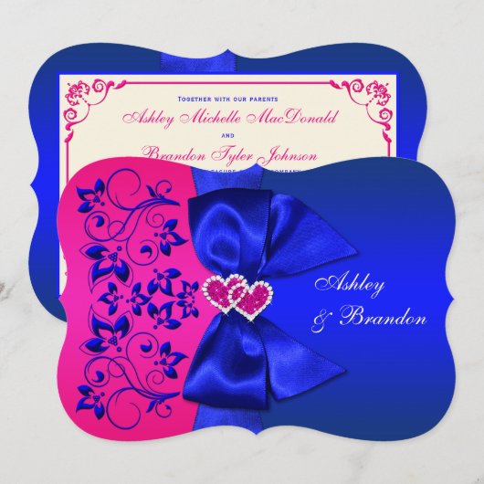 Invitation IMPRIMÉE Bleu RIBBON, Mariage rose Floral Invitati (Devant / Derrière)