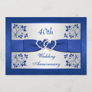 Invitation IMPRIMÉE RIBBON Bleu Argent Floral 40e Anniversair