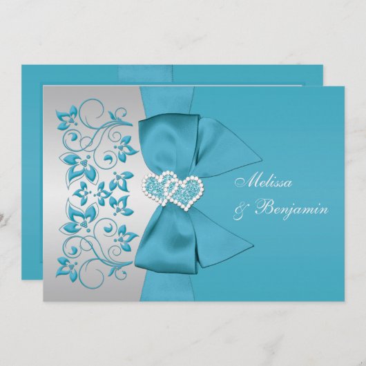 Invitation IMPRIMÉE RIBBON Bleu, Mariage floral argenté Invit (Devant / Derrière)