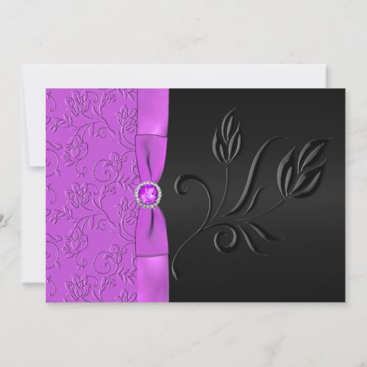 Invitation IMPRIMÉE RIBBON Noir, Mariage floral pourpre (Devant)