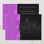 Invitation IMPRIMÉE RIBBON Noir, Mariage floral pourpre (Devant / Derrière)