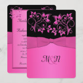 Invitation IMPRIMÉE RIBBON Noir, Mariage rose Floral Invitati (Devant / Derrière)