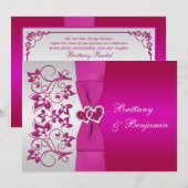 Invitation IMPRIMÉE RIBBON rose, mariage floral argent Invita (Devant / Derrière)