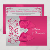 Invitation IMPRIMÉE RIBBON rose, mariage floral argent Invita (Devant / Derrière)