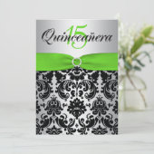 Invitation IMPRIMÉE RIBBON vert argent Quinceanera noir (Debout devant)