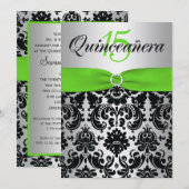 Invitation IMPRIMÉE RIBBON vert argent Quinceanera noir (Devant / Derrière)