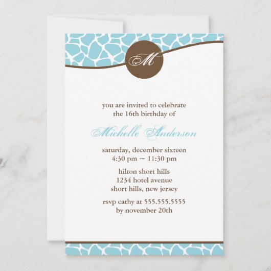 Invitation Imprimer Giraffe turquoise Anniversaire (Devant)