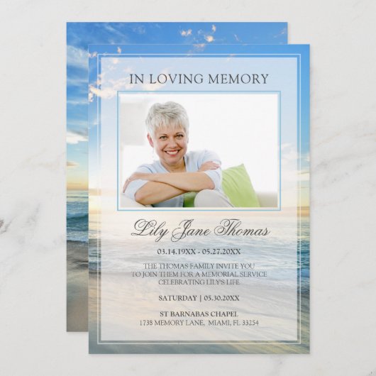Invitation In Love Memory Elegant Beach Photo Funérailles (Devant / Derrière)