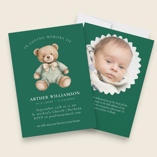 Invitation In loving memory green teddy child funeral