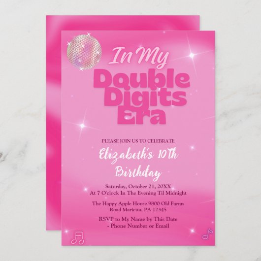 Invitation In My Double Digits Era Pink 10th Birthday (Devant / Derrière)