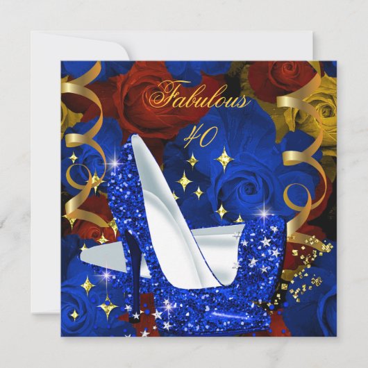 Invitation Incroyables talons dorés bleus royaux 40 ans Fleur (Devant)