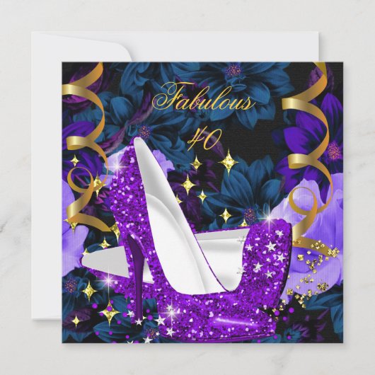 Invitation Incroyables talons hauts or pourpre 40 ans Fleurs (Devant)