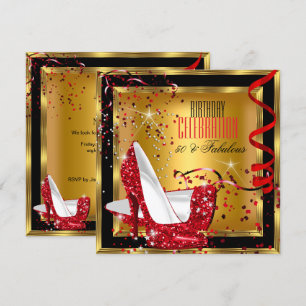 Invitation Incroyables talons hauts rouges pailletés or anniv