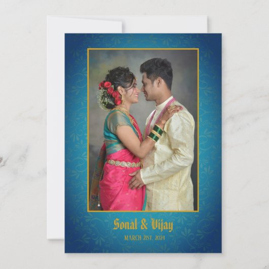 Invitation Inde Mariage hindou Couple Image Turquoise Golden (Dos)
