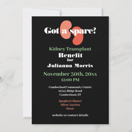 Invitation Indemnité de greffe de rein Findraisage conception (Devant)