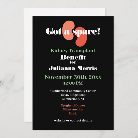 Invitation Indemnité de greffe de rein Findraisage conception (Devant / Derrière)