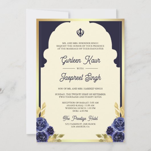 Invitation Indian Ethnic Navy Blue Anand Karaj Sikh Mariage (Dos)
