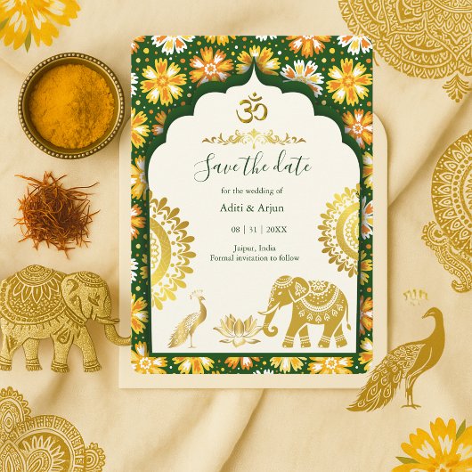 Invitation Indian Wedding Save the Date – Emerald ivory Gold 