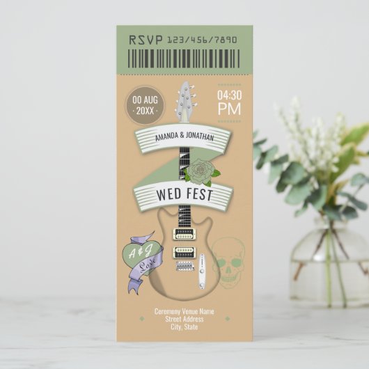 Invitation Indie Acoustic Rock ’n’ Roll Wedding Ticket (Debout devant)
