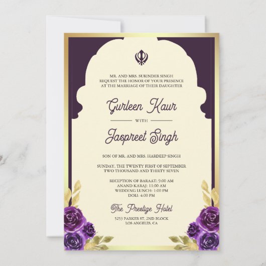 Invitation Indien Ethnic Dark Purple Anand Karaj Sikh Mariage (Dos)