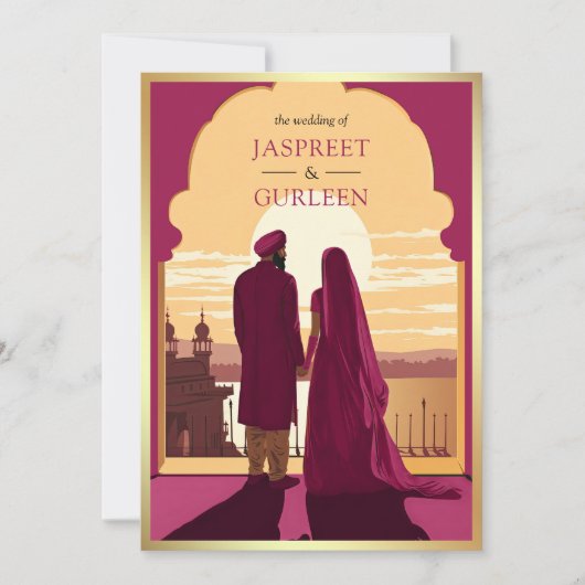 Invitation Indien Ethnique Magenta Anand Karaj Sikh Mariage (Devant)