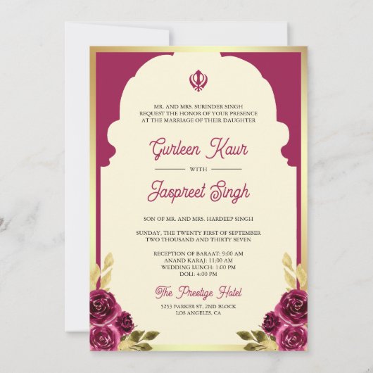 Invitation Indien Ethnique Magenta Anand Karaj Sikh Mariage (Dos)