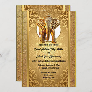 Invitation Indien mariage or noir éléphants damassé asien