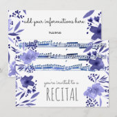 Invitation indigo bleu aquarelle fleurs musique récital (Devant / Derrière)