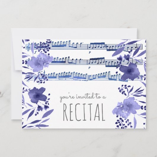 Invitation indigo bleu aquarelle fleurs musique récital (Devant)