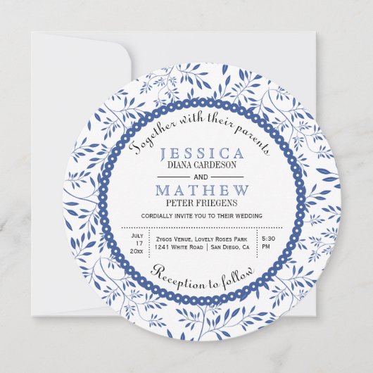 Invitation Indigo bleu feuille motif moderne mariage floral (Devant)