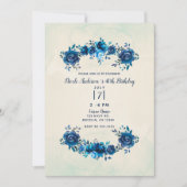 Invitation Indigo Blue Beige Aquarelle Fleurs Anniversaire (Devant)