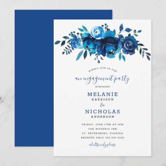 Invitation Indigo Blue Floral Drop Engagement Party (Devant / Derrière)