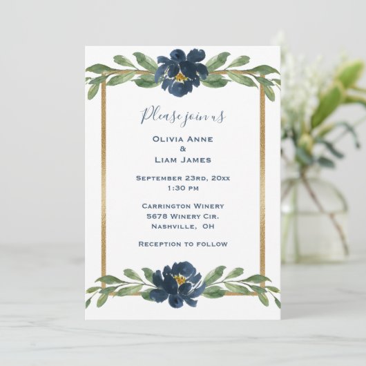 Invitation Indigo Blue Floral Elegant Mariage or (Debout devant)