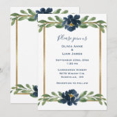 Invitation Indigo Blue Floral Elegant Mariage or (Devant / Derrière)