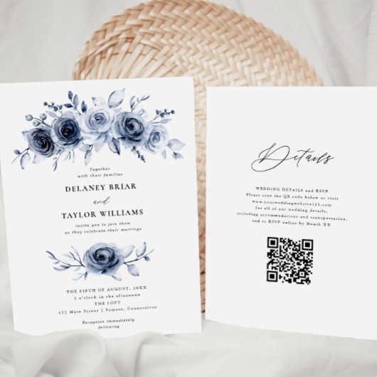 Invitation Indigo Blue Floral Mariage une pièce