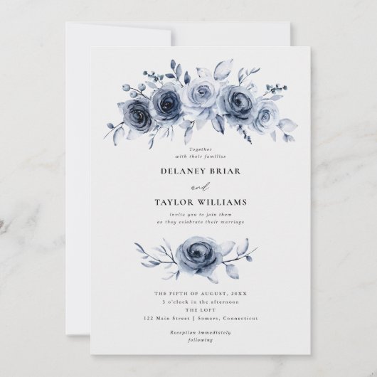 Invitation Indigo Blue Floral Mariage une pièce (Devant)