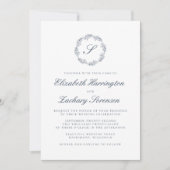Invitation Indigo Blue Monogram Wreath Script Mariage (Devant)