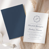 Invitation Indigo Blue Monogram Wreath Script Mariage